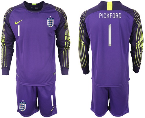 England #1 Pickford Purple Long Sleeves Goalkeeper Soccer Country Jersey
